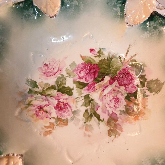 Antique 1900's RS Prussia Porcelain Large Serving Bowl Scroll Mold Pink Roses - Picture 9 of 10